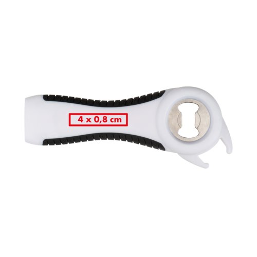 Apribottiglie multicolore in plastica con varie funzioni di apertura.