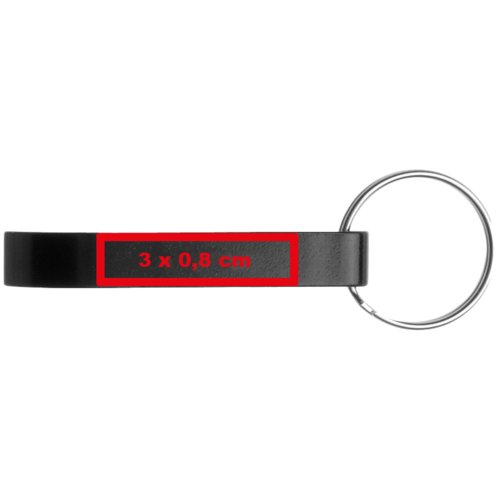 Apribottiglie nero in metallo con anello portachiavi.