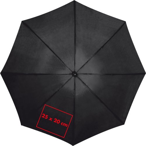 Ombrello nero in tessuto con struttura robusta.