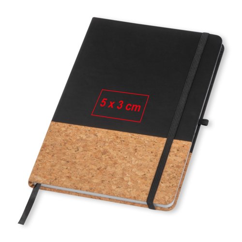 Taccuino nero con dettaglio in sughero ed elastico.