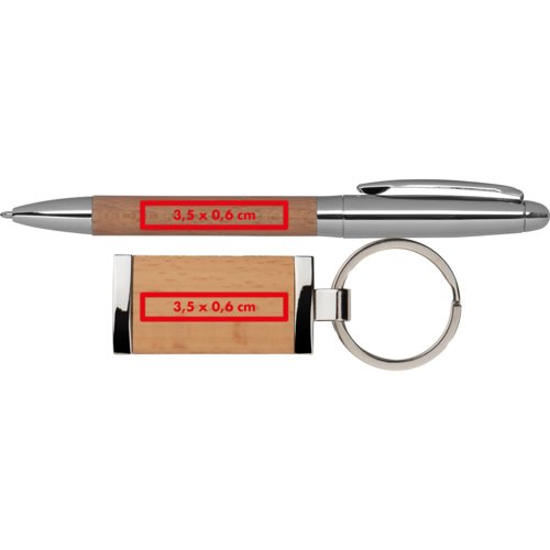 Set regalo in legno e metallo, composto da una penna a sfera e un portachiavi.