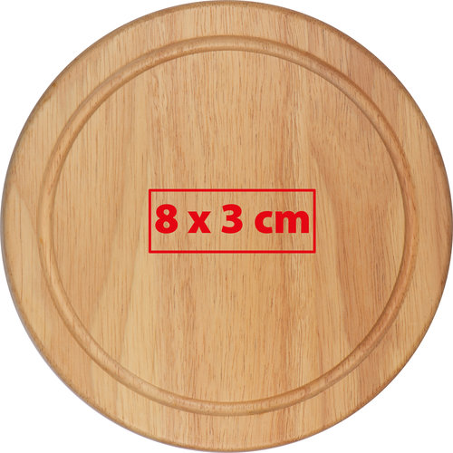 Tagliere per formaggio in legno chiaro con scanalatura circonferenziale.