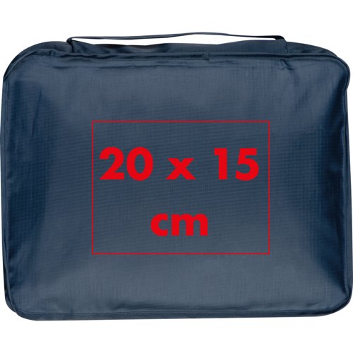 Set da viaggio blu con maniglia e scomparti multipli.