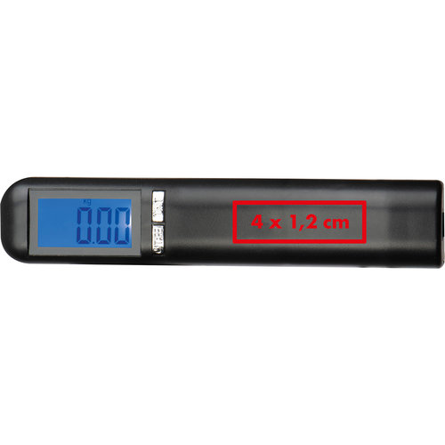 Bilancia per bagagli nera con display digitale e cinturino.